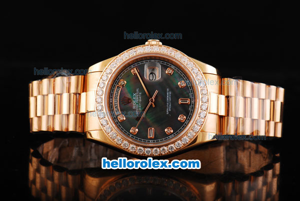 Rolex Day Date II Automatic Movement Full Rose Gold with Diamond Bezel-Diamond Markers and Black MOP Dial - Click Image to Close